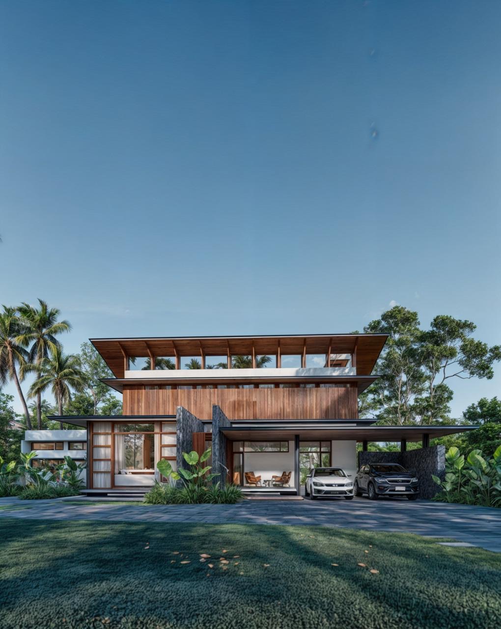 Contemporary residence with a timber facade, stone walls, and a covered carport surrounded by tropical greenery