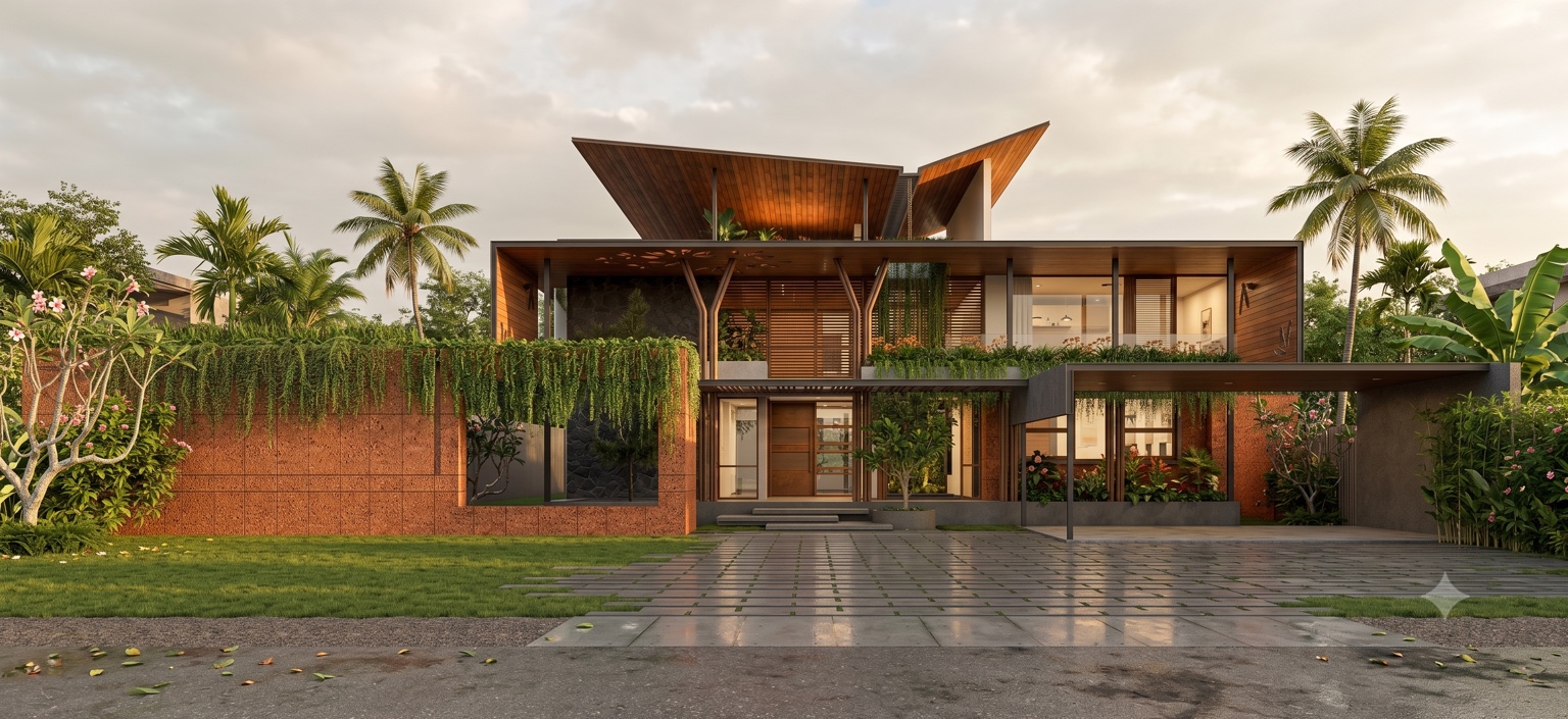 Contemporary residence with timber rooflines, cascading greenery, and a landscaped entrance